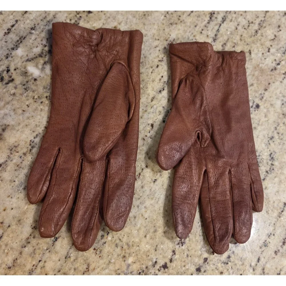 Vintage Womens Size L Brown Leather Knit Lined Gloves Perferated